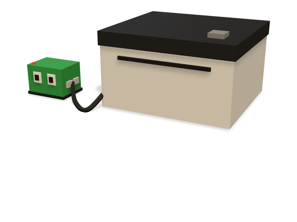 Ilustración: la Raspberry, un bloque verde pequeño con ojos, conectada por un cable a la impresora térmica D100